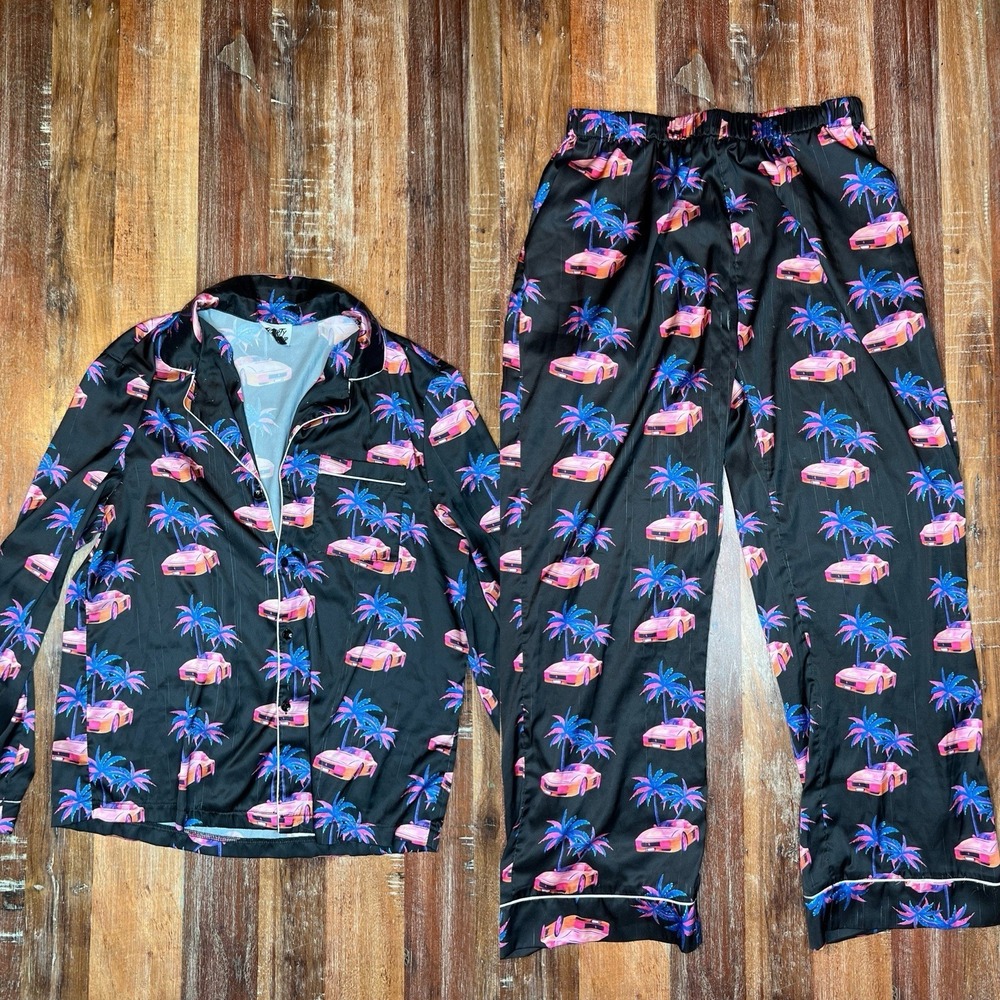 Dirty Weekend Pajamas Set Women's Size Medium Satin LA Streetwear Ferrari Print